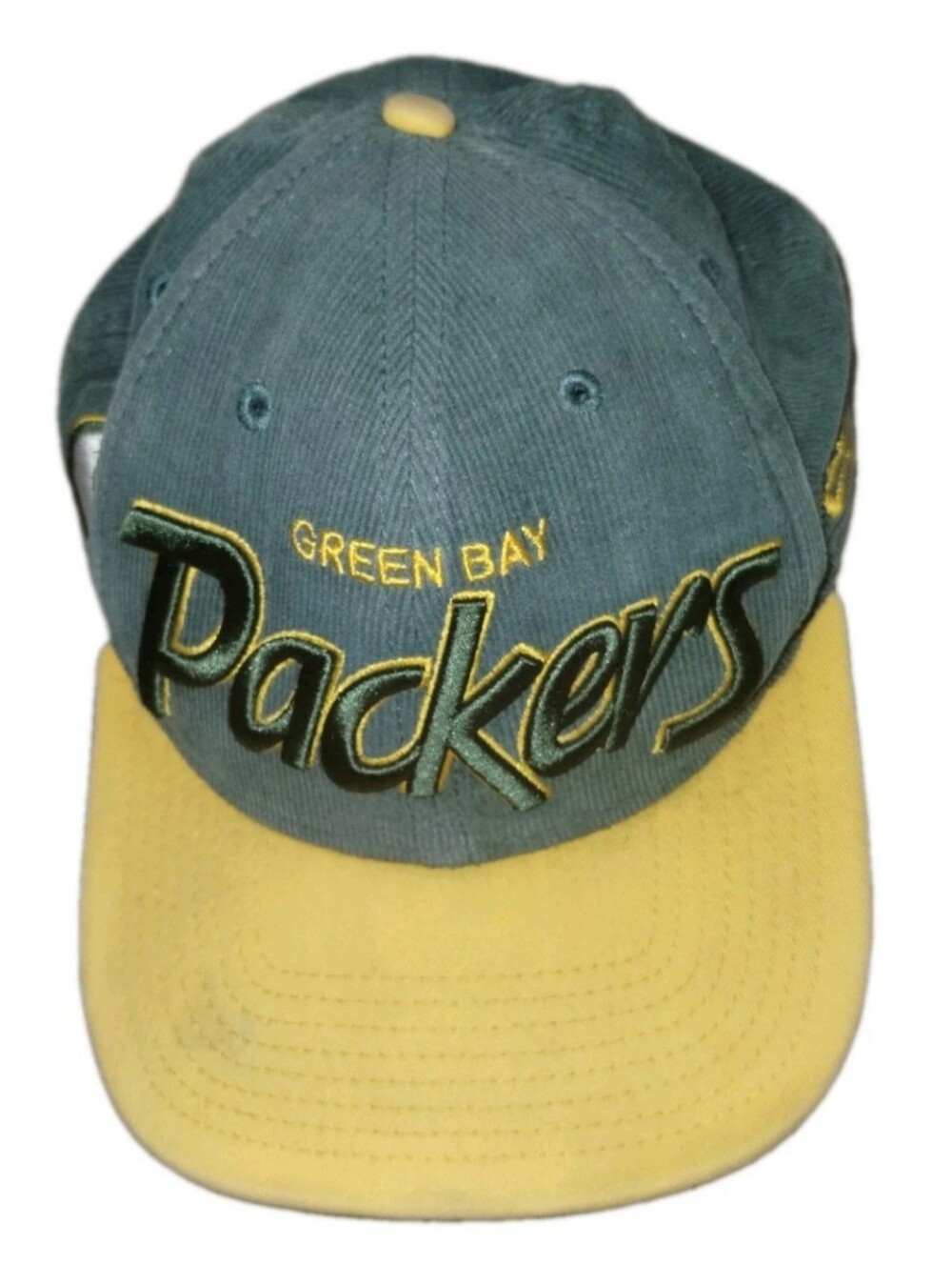 VTG New Era NFL Green Bay Packers Corduroy Script Baseball Cap - Green & Yellow